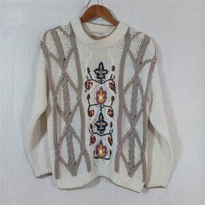 Vintage Sweater Medium Cream Tan 3D Cable Floral Knit by Hand Huntington Ridge